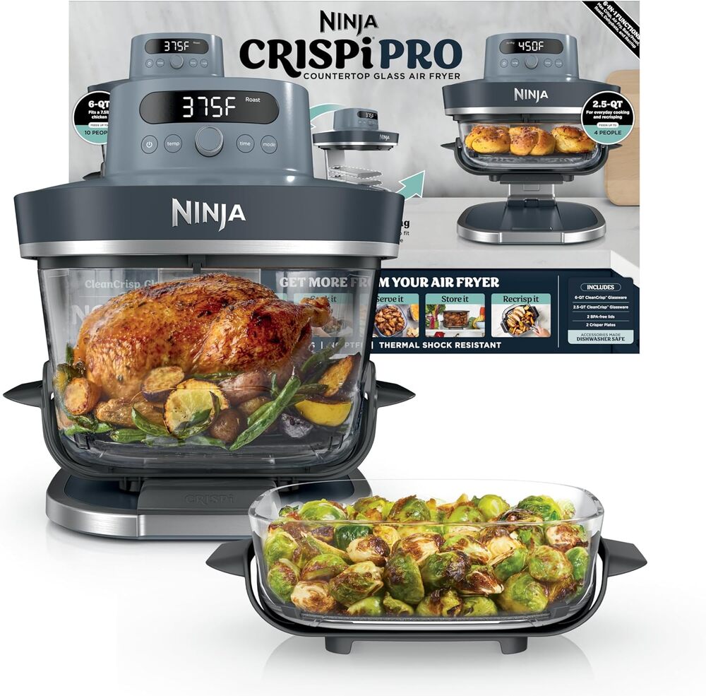 Ninja Crispi Pro 6-in-1 Glass Air Fryer, 6qt & 2.5qt Containers & Lids, AS101CY